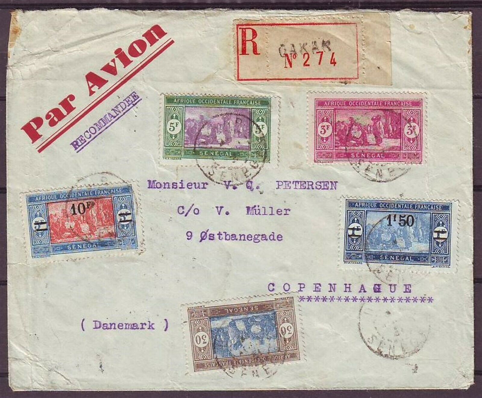 D5109/ Senegal Dakar Registered Airmail Cover T/denmark 1931