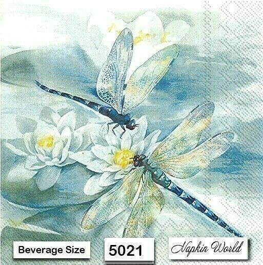 (5021) Two Individual Paper Beverage / Cocktail Decoupage Napkins - Dragonfly