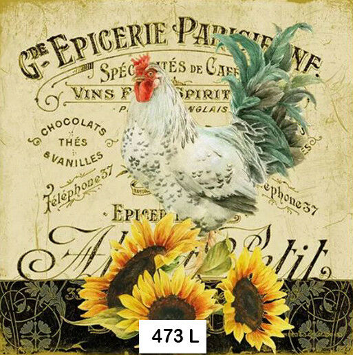 (473) Two Individual Paper Luncheon Decoupage Napkin - Rooster Sunflowers French