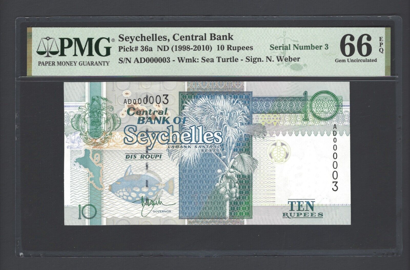 Seychelles 10 Rupees Nd(1998-2010) P36a N000003 Uncirculated Grade 66