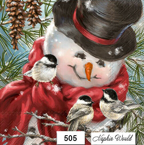 (505) Two Individual Paper Luncheon Decoupage Napkins - Snowman, Chickadee Birds