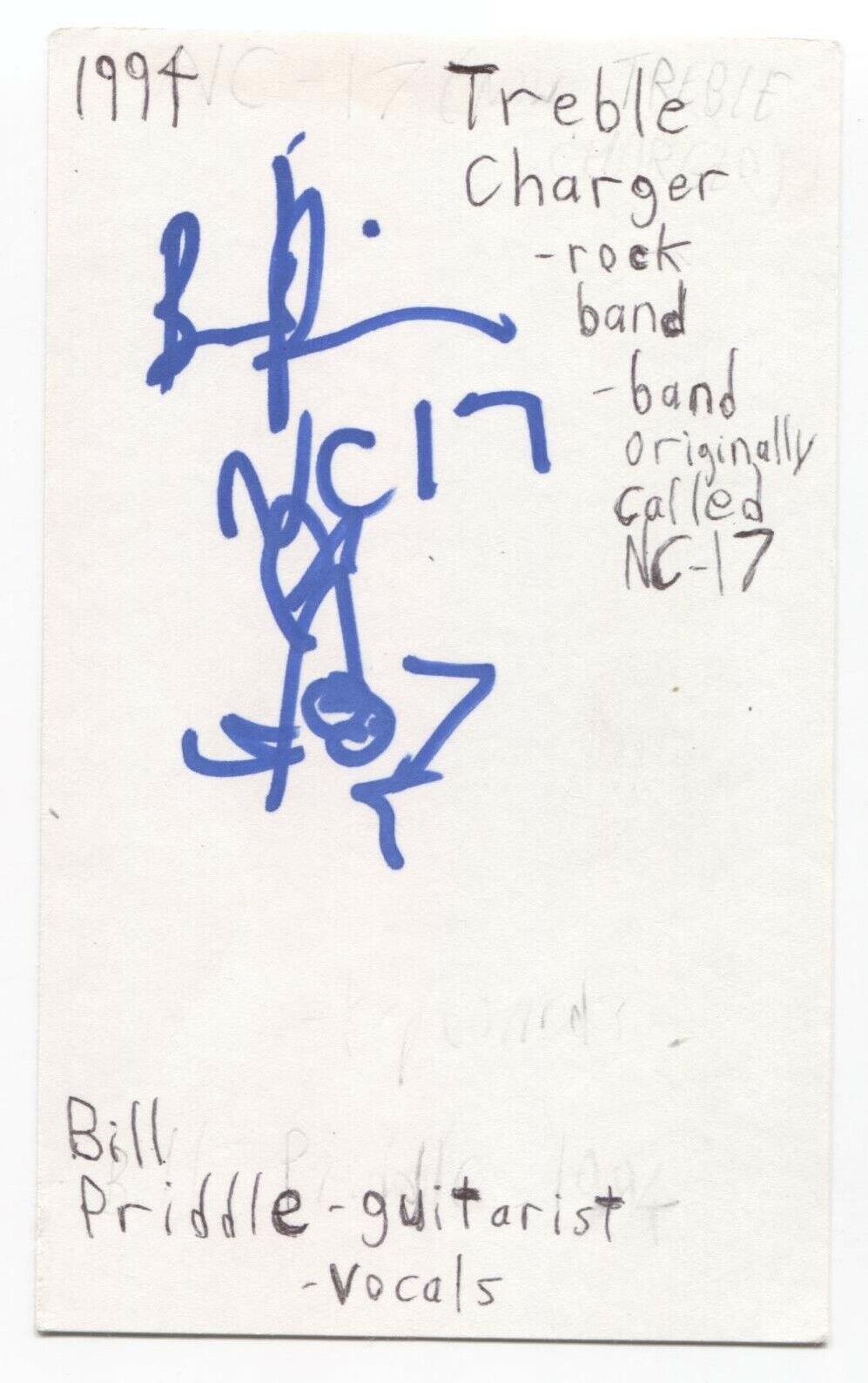 Treble Charger - Bill Priddle Signed 3x5 Index Card Autographed Signature Band