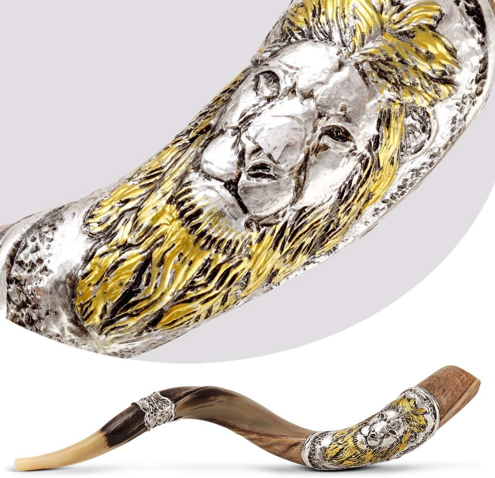 Shofar With"lion Of Judah" Decoration | 925 Sterling Silver & 9k Gold Plated Kud