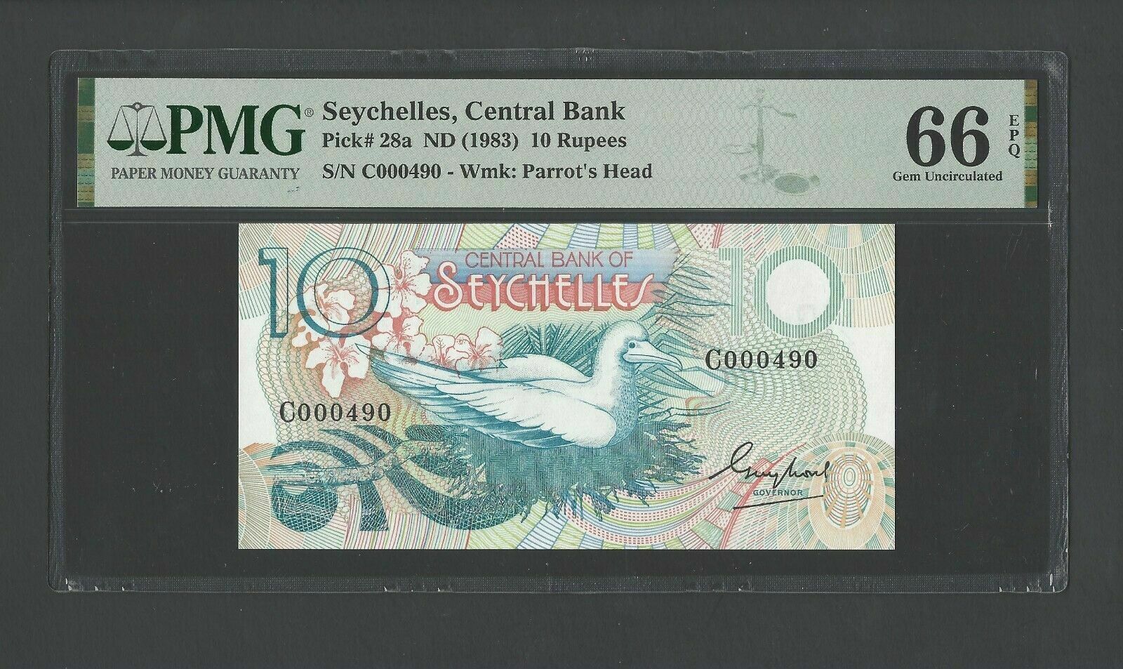 Seychelles 10 Rupees Nd(1983) P28a "s/n 000490" Uncirculated Grade 66