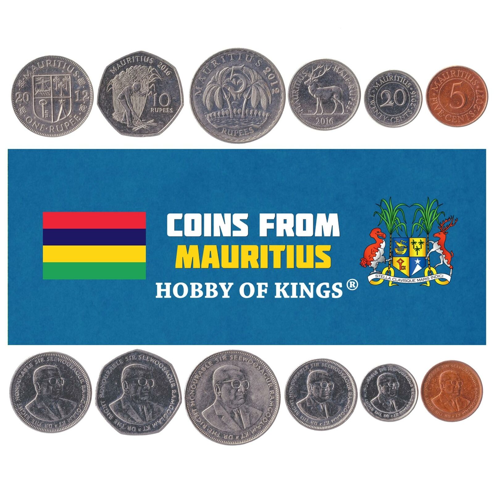 Mauritian 6 Coin Set 5 20 Cents 1/2 1 5 10 Rupees | Key | 2012 - 2010