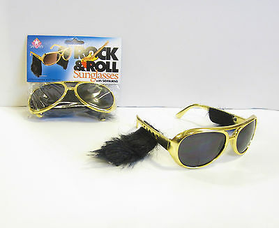1 Pair Of Gold Rock & Roll Sun Glasses With Sideburns Elvis Sunglasses Costume