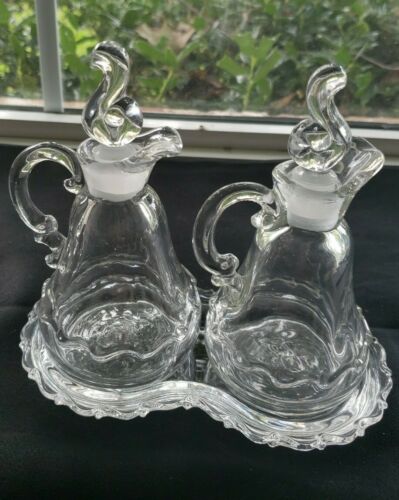 5 Piece Set Century Fostoria Cruets With Stoppers And Tray Nice No Chips