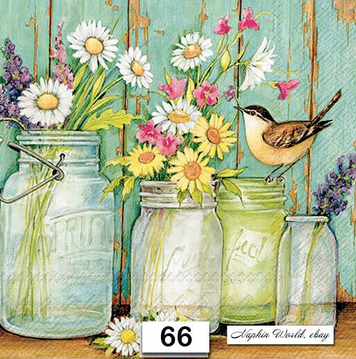 (66) Two Individual Paper Luncheon Decoupage Napkins - Mason Jars Flowers Bird