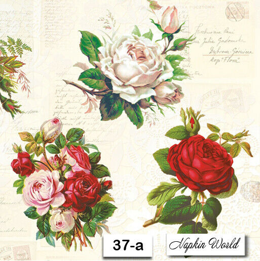 (37-a) Two Individual Paper Luncheon Decoupage Napkins - Roses Flowers Baskets