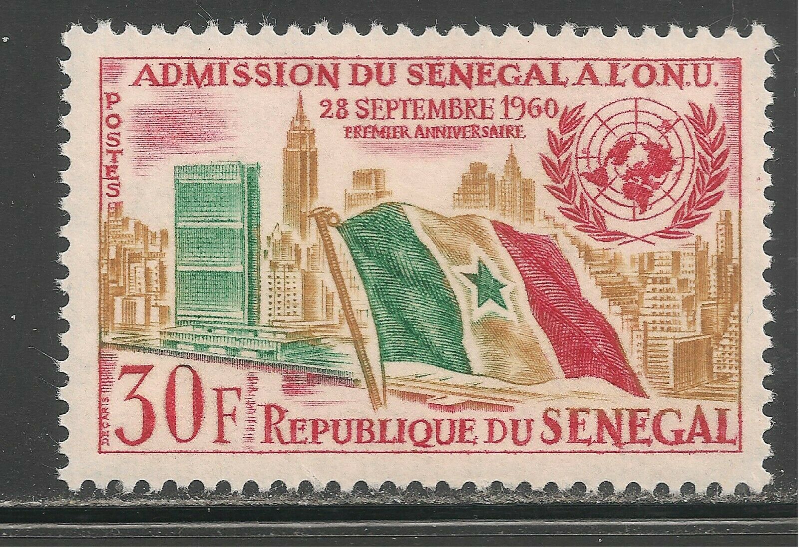 Senegal #208 (a36) Vf Mnh - 1962 30fr Un Headquarters, New York And Flag