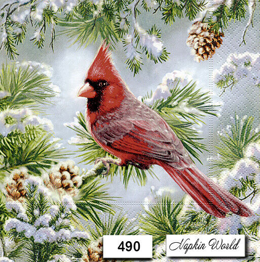 (490) Two Individual Paper Luncheon Decoupage Napkins  Cardinal Bird Winter Snow