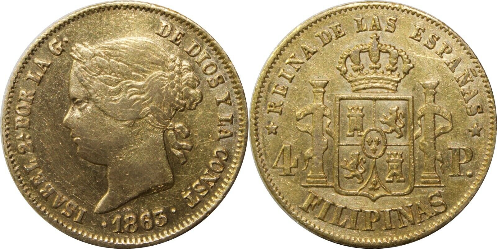 1863 Spain/philippines 4 Pesos ~ Xf Details ~ Km#144 ~ 87.5% Gold ~ X36