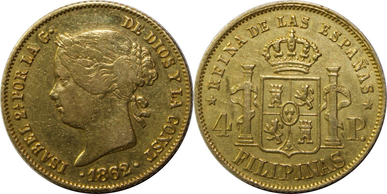 1862 Spain/philippines 4 Pesos ~ Xf Details ~ Km#144 ~ 87.5% Gold ~ X35