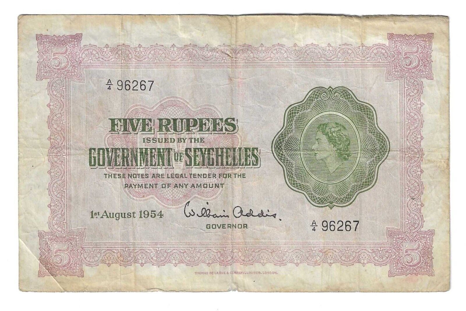 Seychelles P-11a 5 Rupee 1954 Queen Elizabeth Rare Banknote