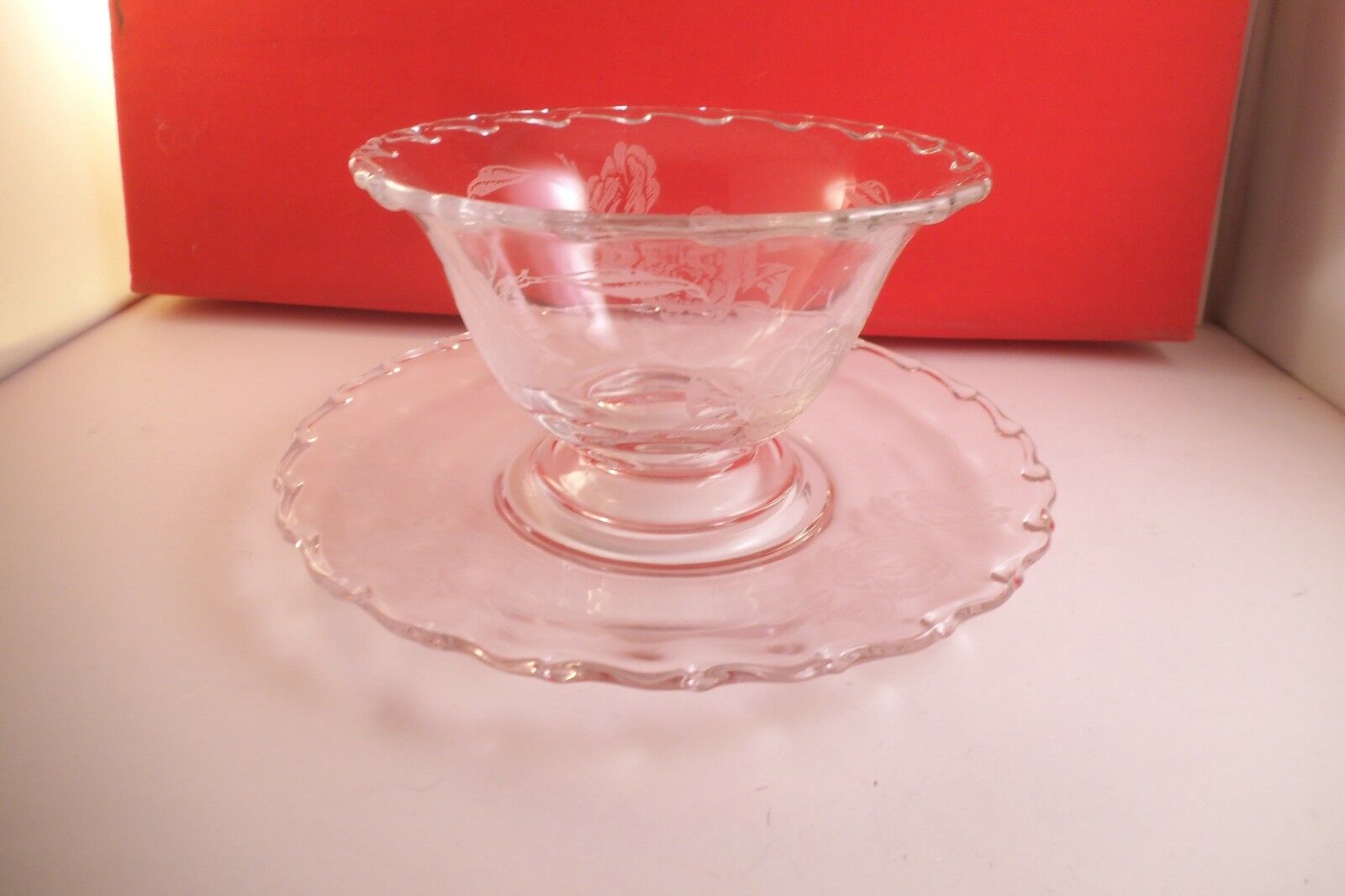 Vintage Fostoria Century Clear Glass Etched Rose Mayonnaise Bowl & Underplate