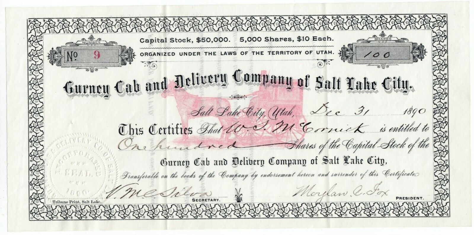 1890 Gurney Cab & Delivery Company Stock Certificate Salt Lake City Utah Terr.