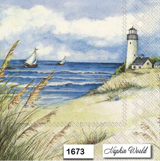 (1673) Two Individual Paper Luncheon Decoupage Napkins - Lighthouse Ocean Beach