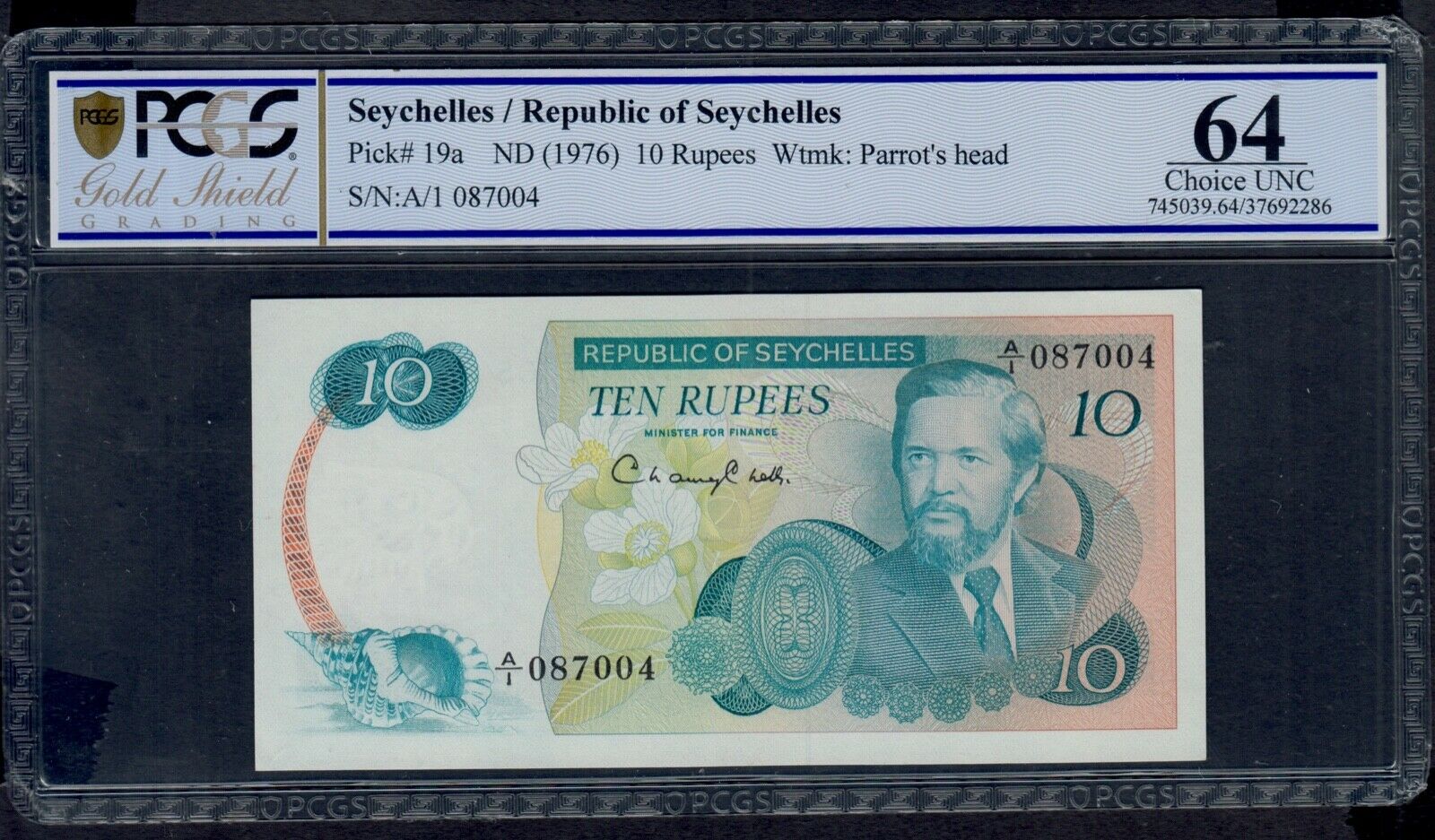 Seychelles 10 Rupees ( 1976 ) Pick # 19a  Pcgs 64 Choice Unc Opq.