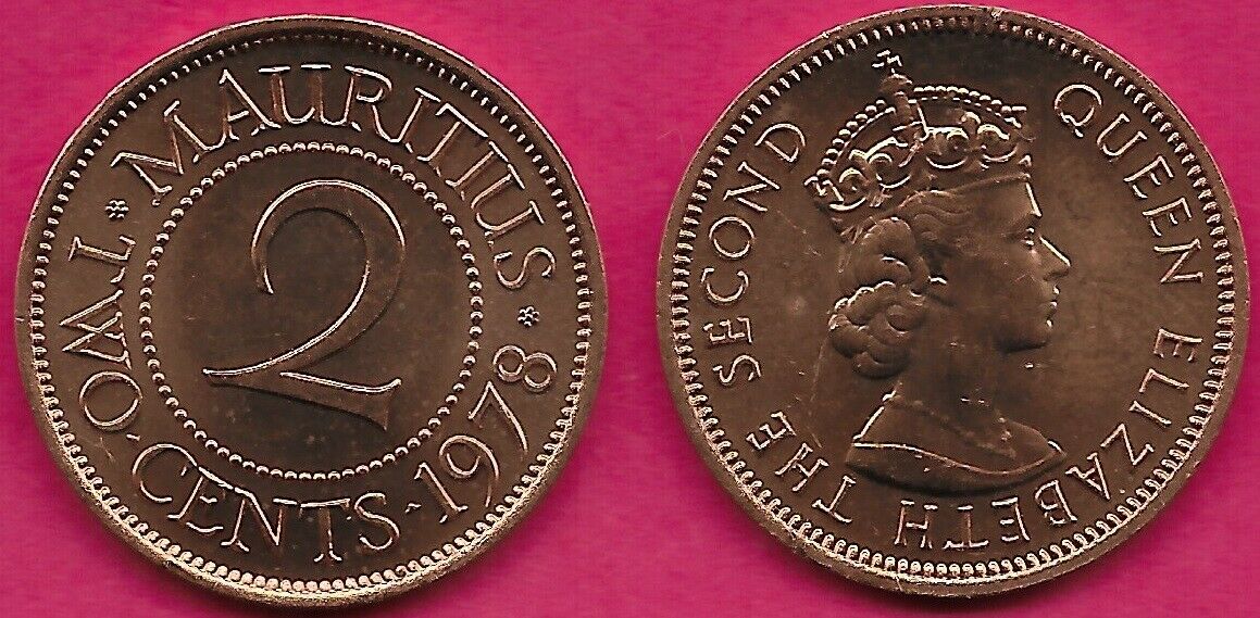 Mauritius Crown Colony 2 Cents 1978 Unc Ruler Elizabeth Ii,crowned Head Right,va