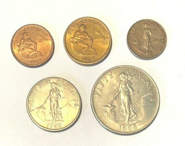 Philippines 1958 Type Collection 5 Coins: 1c, 5c, 10c, 25c, 50c Unc.
