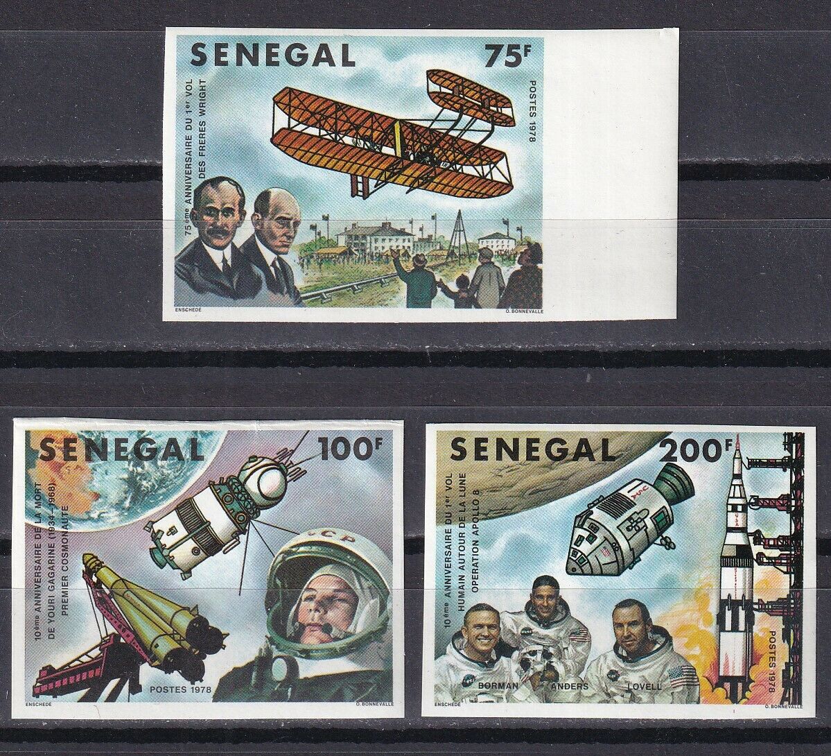 Senegal 1978, Sc# 491-93, Imperf., With Margin, Astronauts, Wright Brothers, Mnh