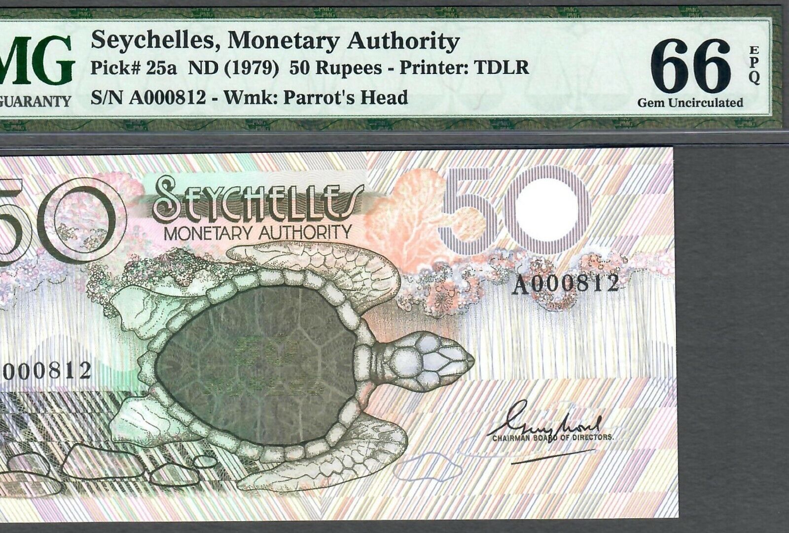 Seychelles-50 Rupees-1979-** Low S/n 000812 **-pick 25a **pmg 66 Epq Gem Unc**