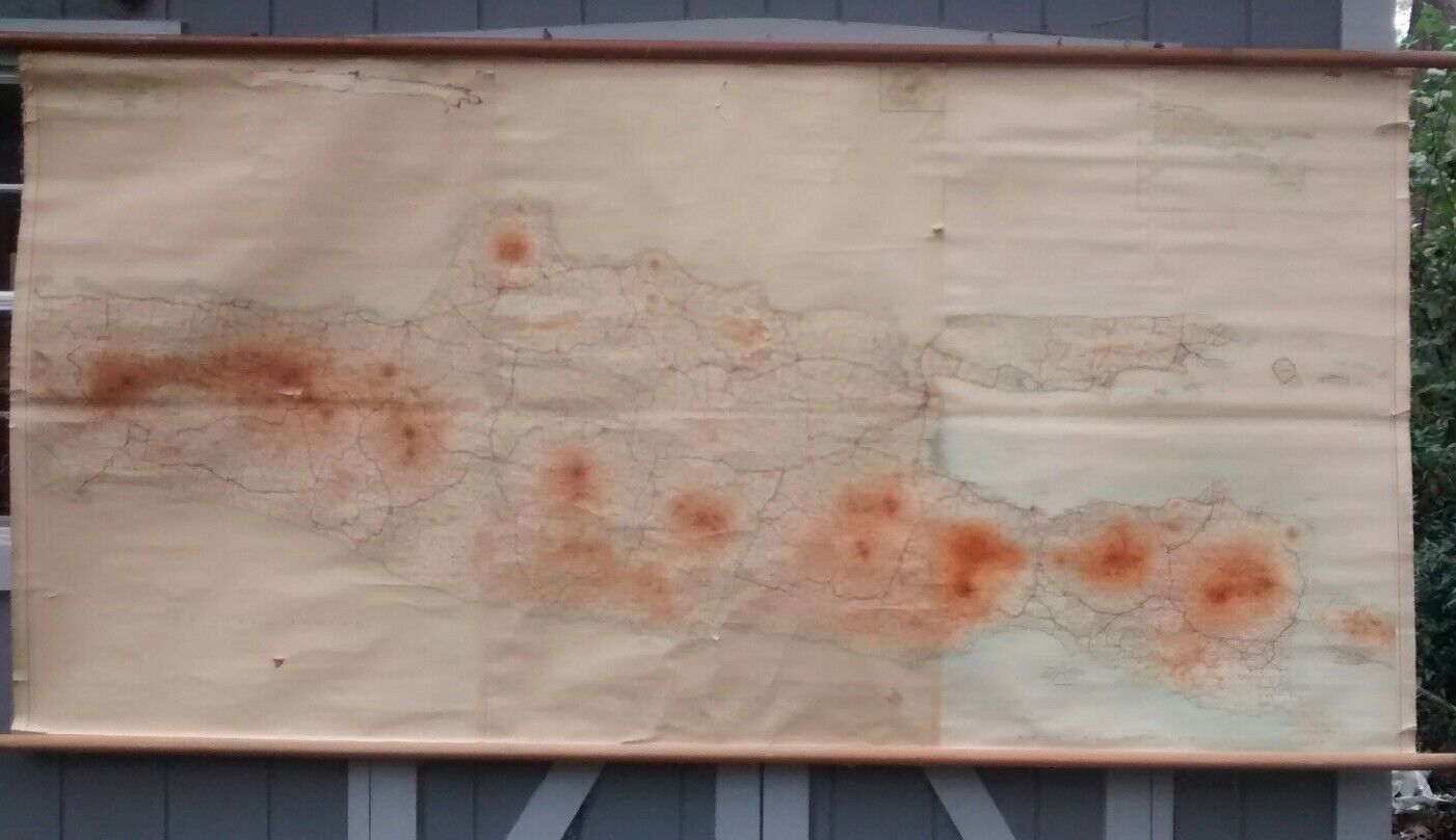 Huge! 9 Ft Map Java Indonesia Pre-1945 Dutch Language Hanging Map Beautiful