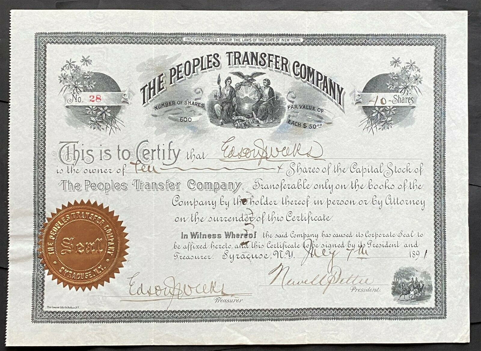 Peoples Transfer Company Stock 1891. Syracuse, Ny. Vanderbilt House Hotel. Vf+++
