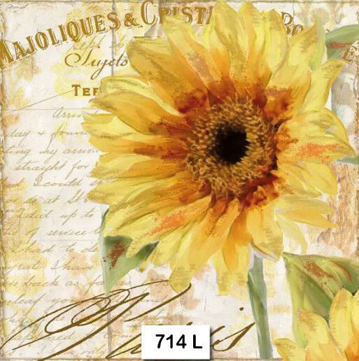(714) Two Individual Paper Luncheon Decoupage Napkins - Sunflower Flower Script