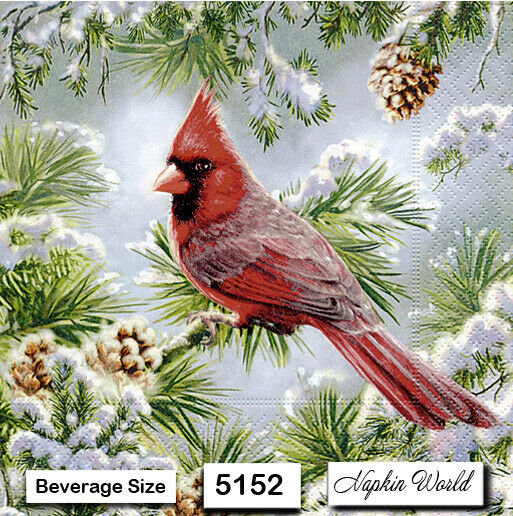 (5152) Two Individual Paper Beverage / Cocktail Decoupage Napkins  Cardinal Bird