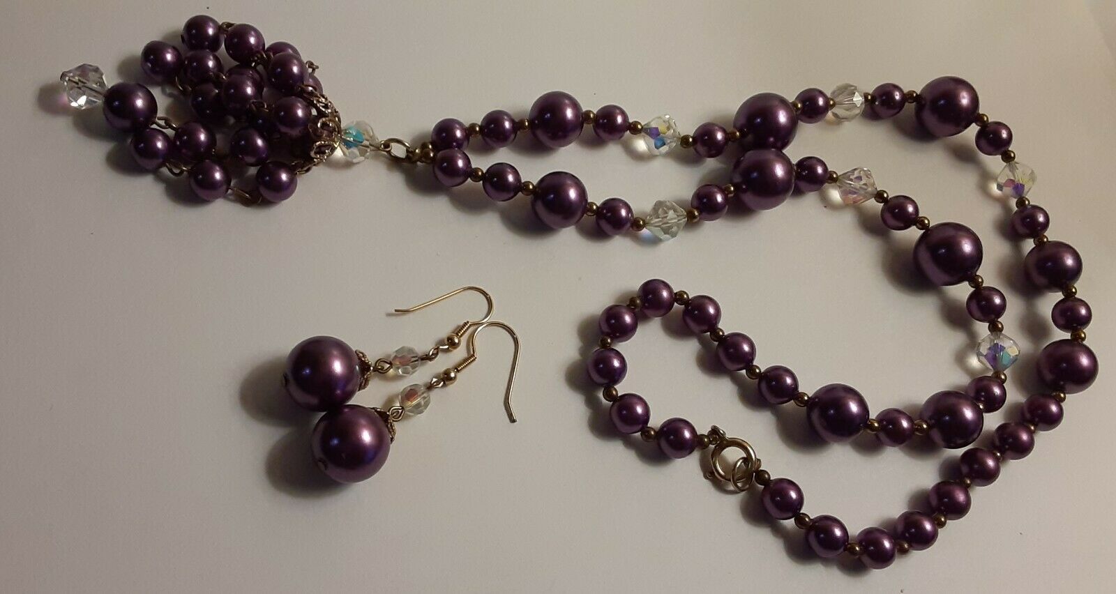 Purple & Clear Beads With Gold Tone Accent Beads Cluster Pendant & Earrings Set